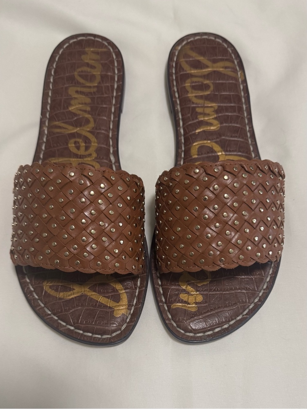 Sam Edelman Brown Woven Stud Slide Sandals